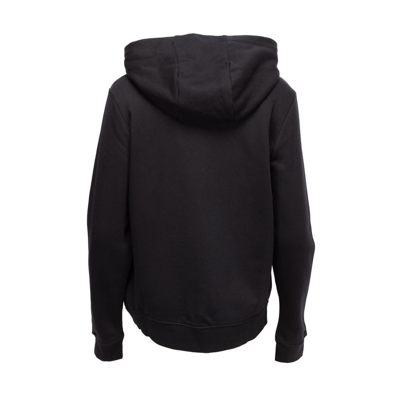Women’s black fleece pullover hoodie, back view with hood and drawstrings