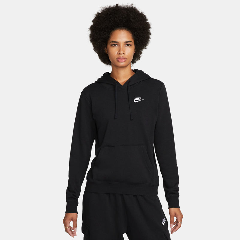Women’s black fleece pullover hoodie with small chest logo, hood and kangaroo pocket