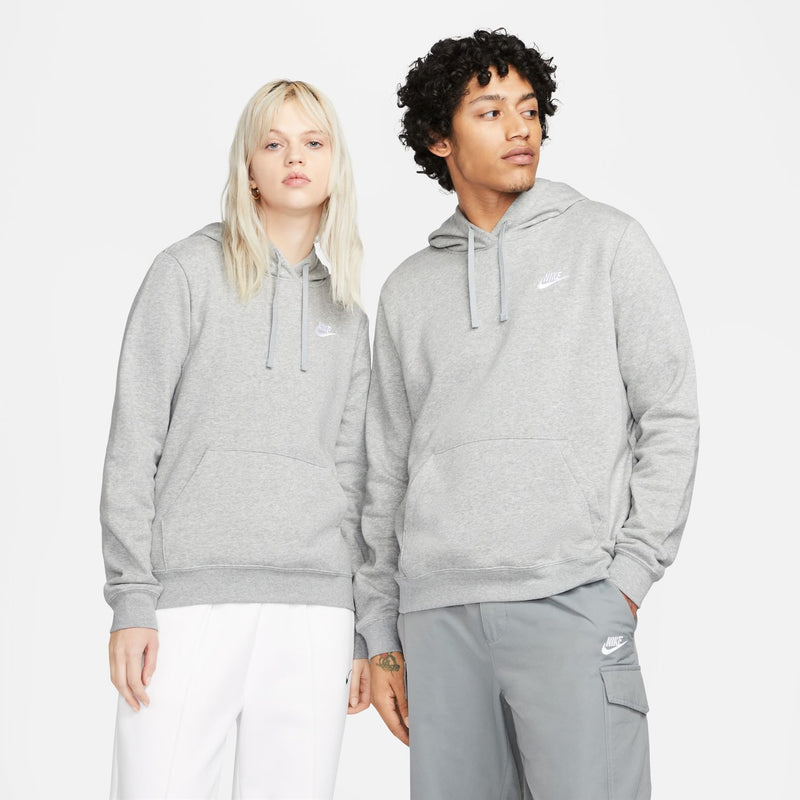 Women’s heather grey fleece hoodie with hood, drawstrings, and small logo; pullover style