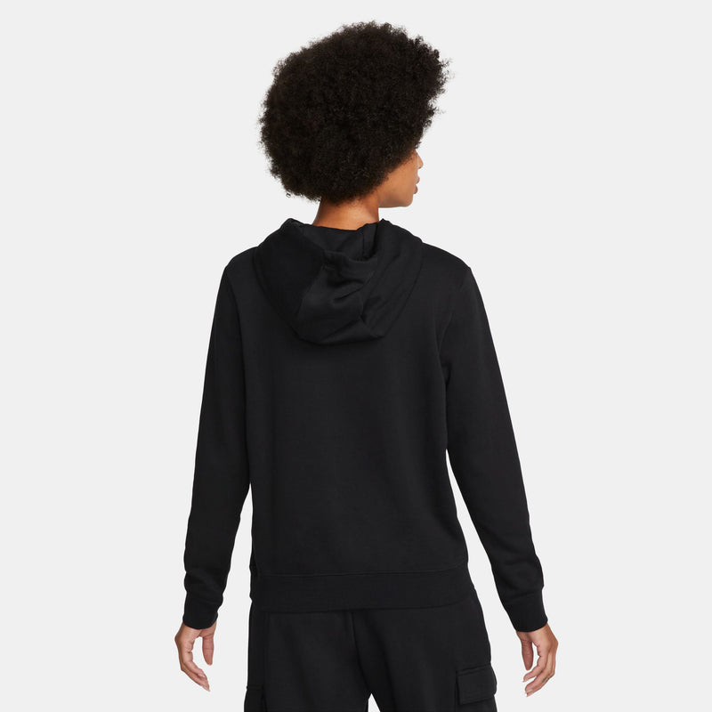 Women’s black fleece pullover hoodie, back with hood and kangaroo pocket