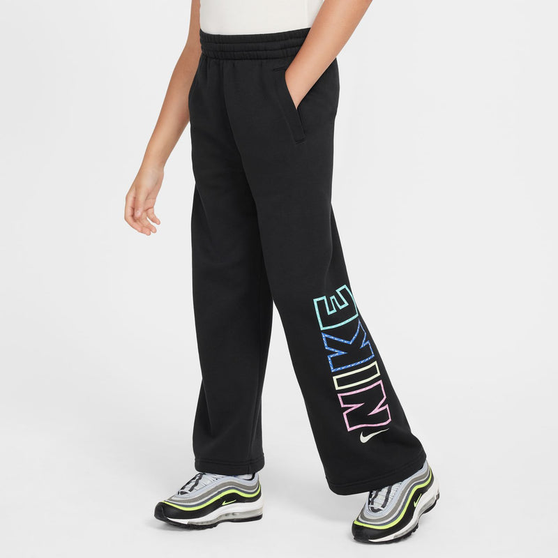 Youth black wide-leg fleece pants with multicolor logo print on one leg