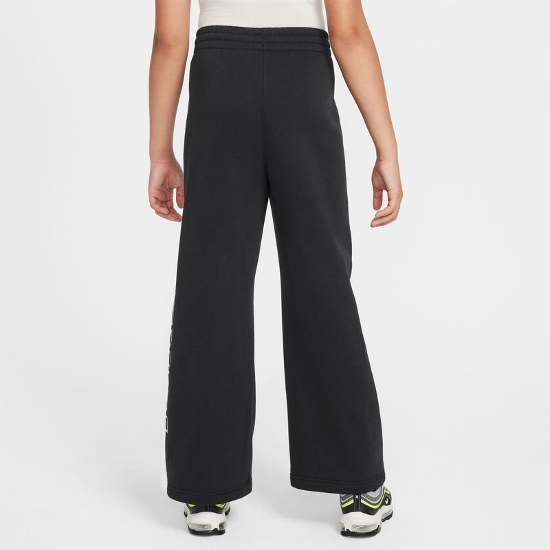 Youth black wide-leg fleece pants, plain back with elastic waistband