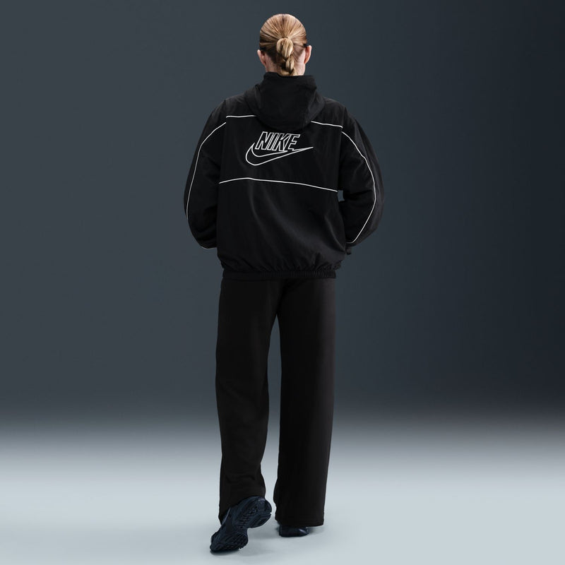 Women's black wide-leg fleece pants, back view, elastic waistband