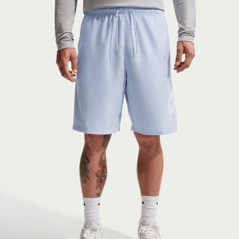 Men's light blue swim shorts with drawstring and side logo, knee-length