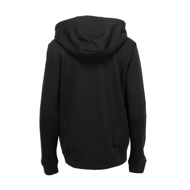 Women's black fleece hoody, hooded back view