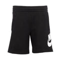 Youth black shorts with white Nike swoosh, elastic waistband, side pockets