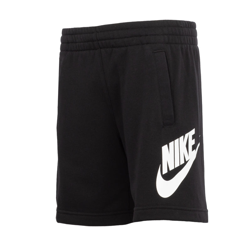 Youth black shorts with large white Nike swoosh on side, elastic waistband