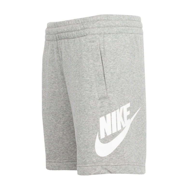 Youth heather gray shorts, back view, with elastic waistband and large white Nike logo