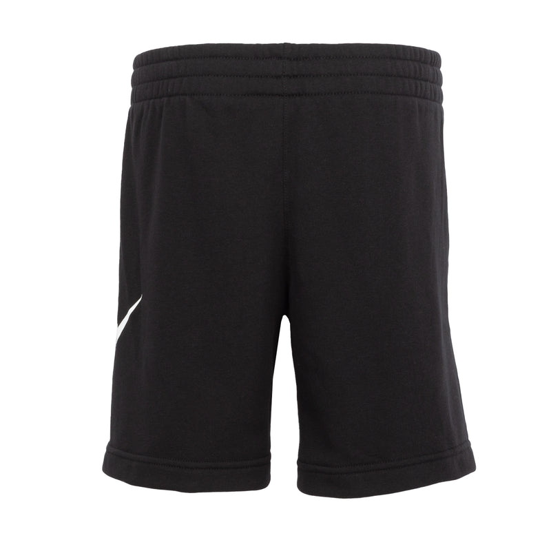 Youth black shorts with small white Nike swoosh detail, elastic waistband