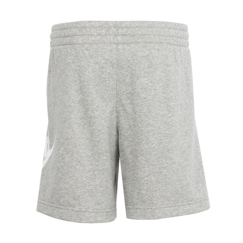 Youth heather gray shorts with elastic waistband and partial white Nike logo on left leg