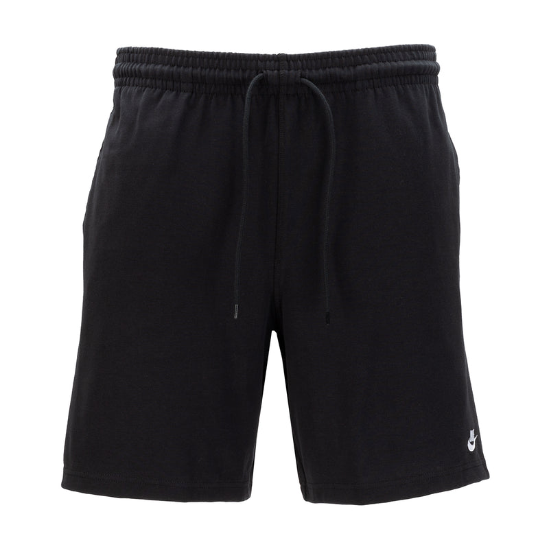 Men's black knit shorts with elastic waistband and drawstring tie front