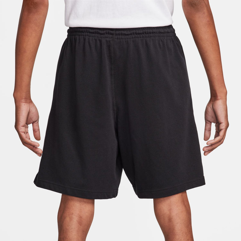 Men's black knit shorts with elastic waistband and drawstring, straight hem