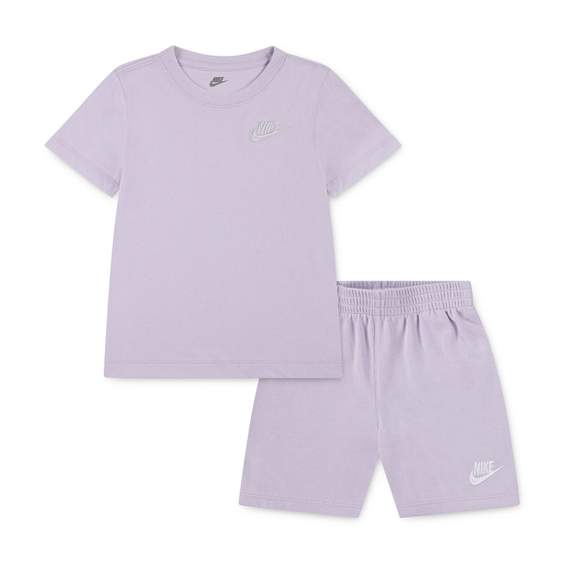 Kids lavender short-sleeve T-shirt and elastic-waist shorts set with Nike logo