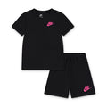 Kids black short-sleeve T-shirt and shorts set with pink Nike logo accents