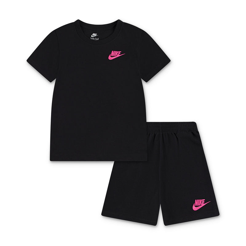 Kids black short-sleeve T-shirt and shorts set with pink Nike logo accents