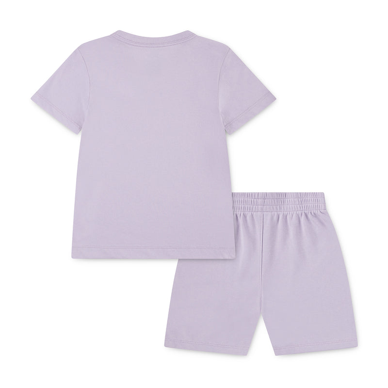 Kids lavender short set with back of T-shirt and elastic-waist shorts, Nike logo