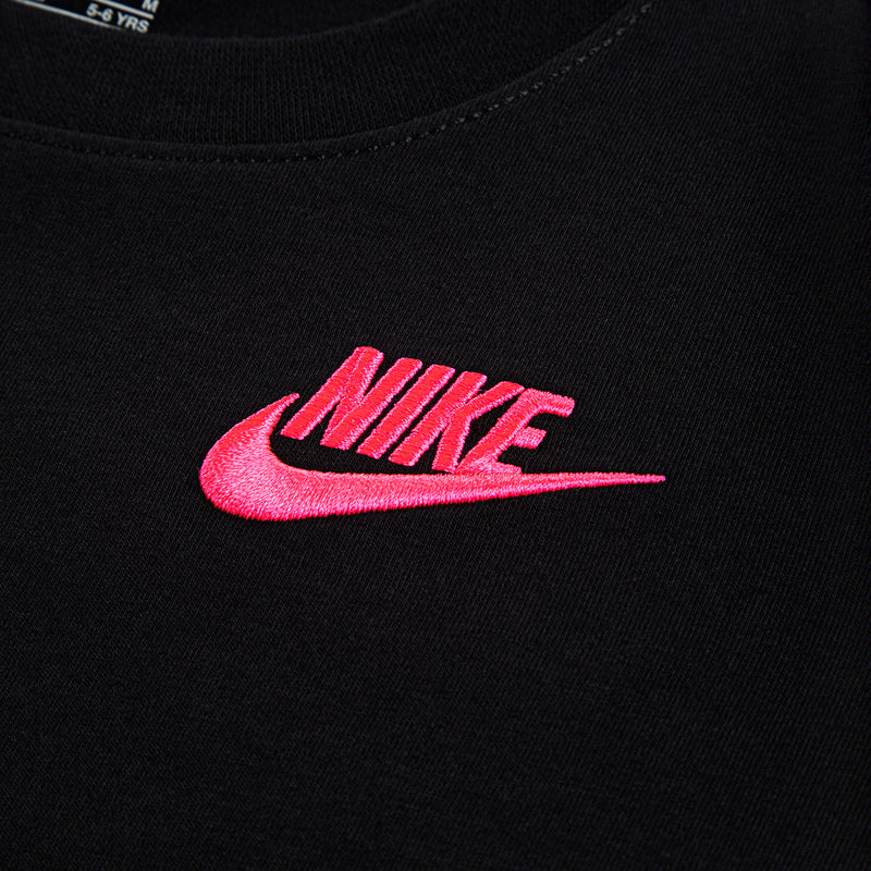 Kids black T-shirt chest logo with pink Nike swoosh