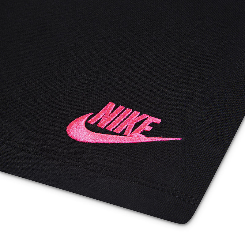 Kids black shorts hem with pink Nike swoosh logo