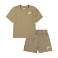 Toddler beige T-shirt and shorts set with Nike logo on chest and shorts