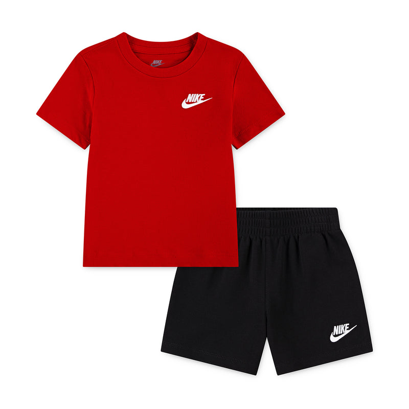 Toddler club short set in red T-shirt and black shorts, Nike logo on chest and leg