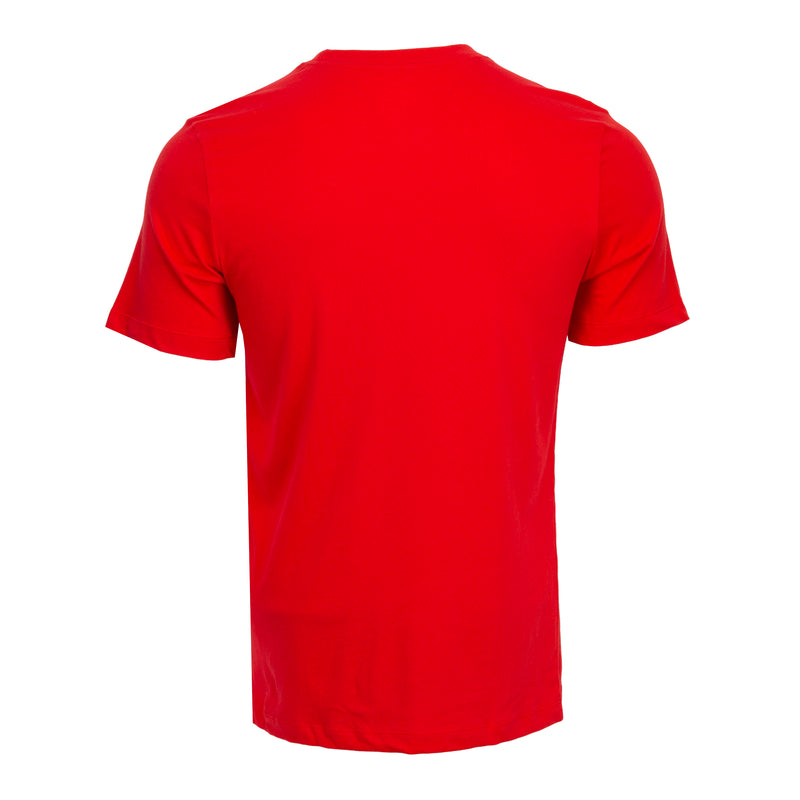 Mens red crewneck T-shirt, plain back view, short sleeves