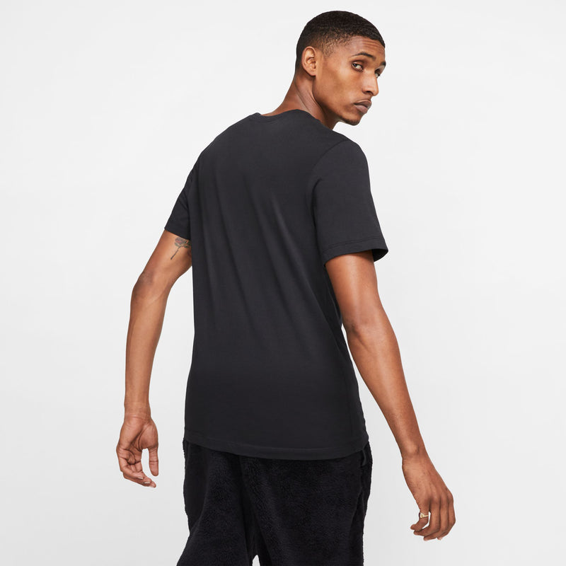 Men's black crewneck T-shirt, side view with sleeves and hem