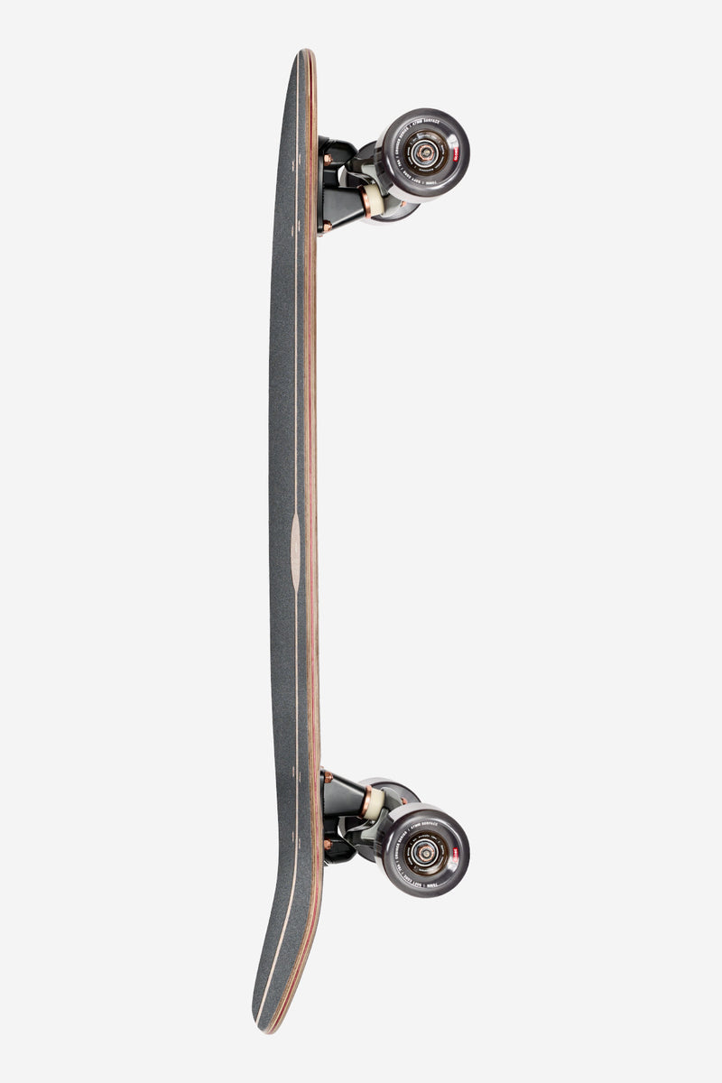 Side profile of Mirage cruiserboard highlighting the lengthwise wooden inlay and mounted trucks