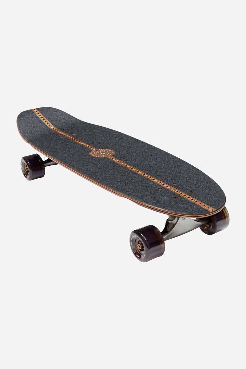 Coaster Mirage 31 inch cruiserboard with dark grip deck central wood inlay and large purple wheels.