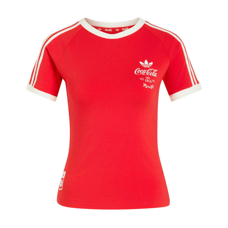 Red women's graphic tee with 3 white adidas stripes and Coca-Cola logo