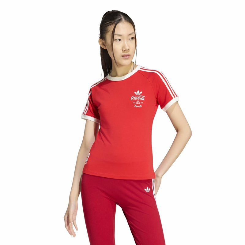 Red women's graphic tee, crew neck, white adidas sleeve stripes, Coca-Cola chest logo