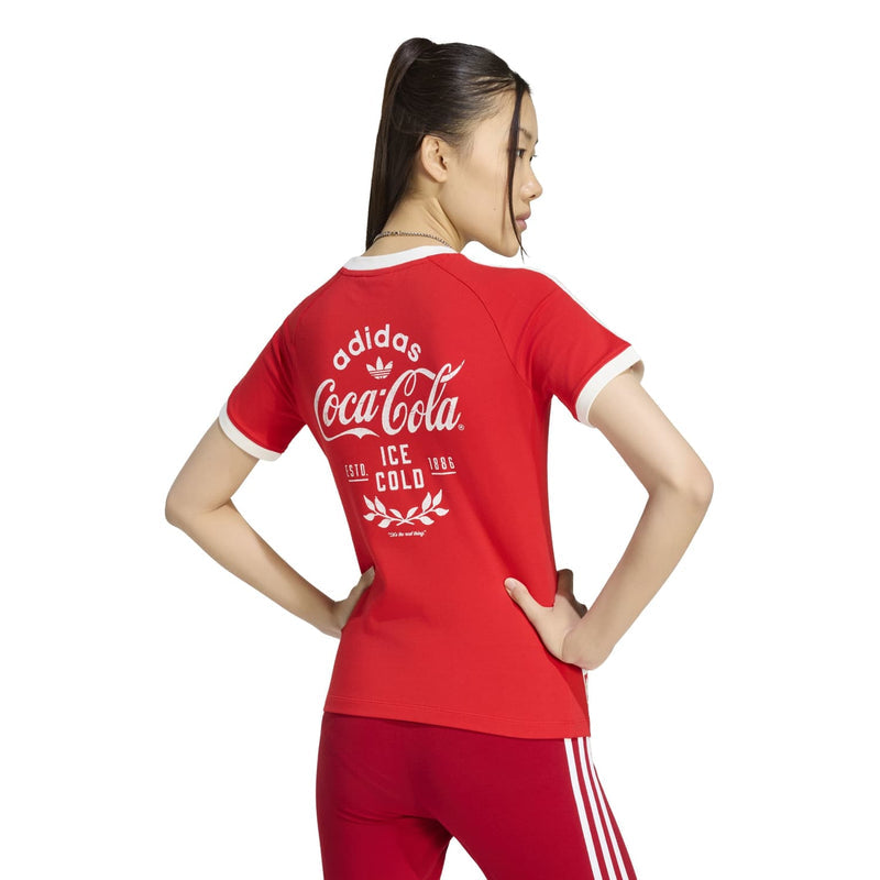 Red women's graphic tee back view with adidas and Coca-Cola Ice Cold graphic