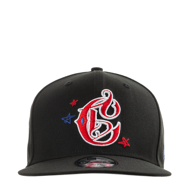 Black baseball cap with red-and-white B logo and star accents