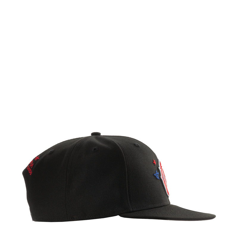 Black baseball cap with red and blue star embroidery on side