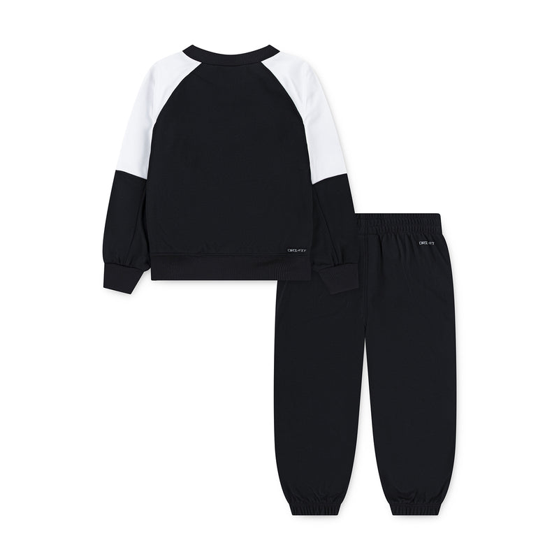 Toddler colorblock crew set, black crew sweatshirt with white raglan sleeves and black joggers
