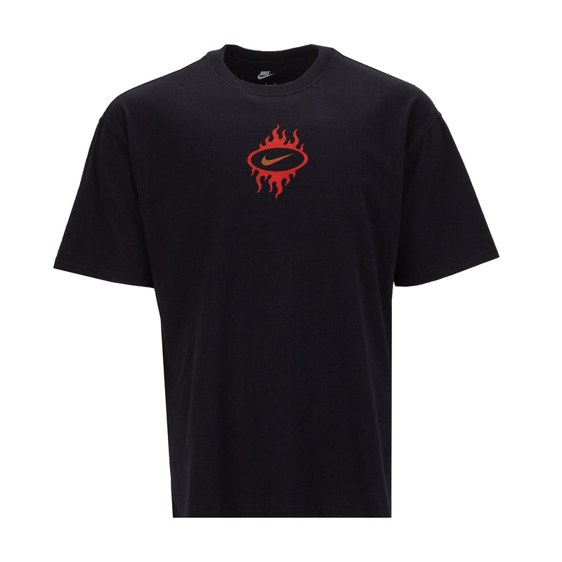 Men's Nike black crewneck T-shirt with Nike swoosh and red flame chest graphic