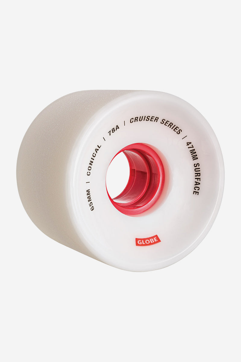 Conical Cruiser Wheel 65mm in White and Red with a stoneground surface and red hub.