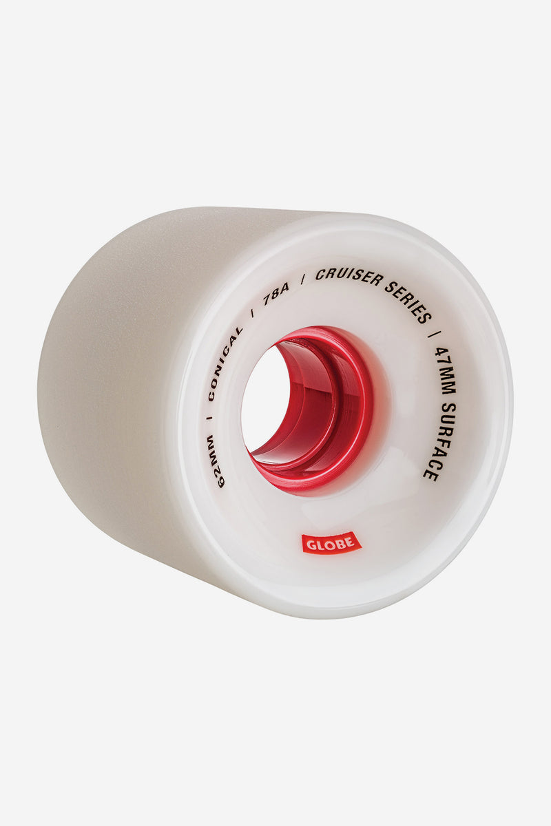 Conical Cruiser Wheel 62mm White and Red with white inner core and red bore, angled profile view.