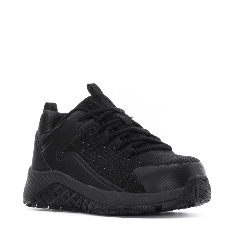 Women’s black lace-up composite-toe work sneaker, front side angle with tread sole