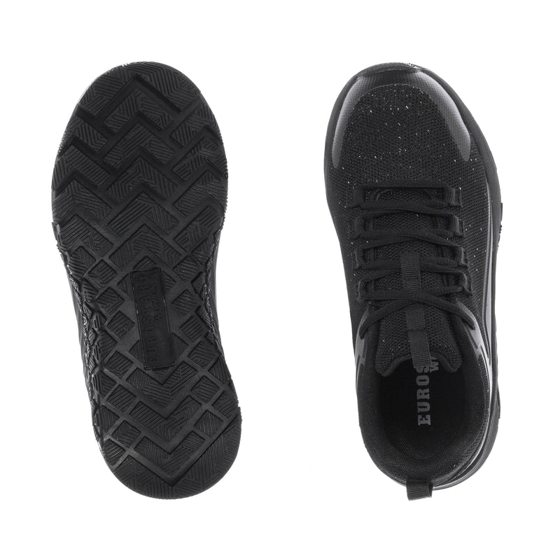Women’s black composite-toe work sneaker outsole tread view and top view