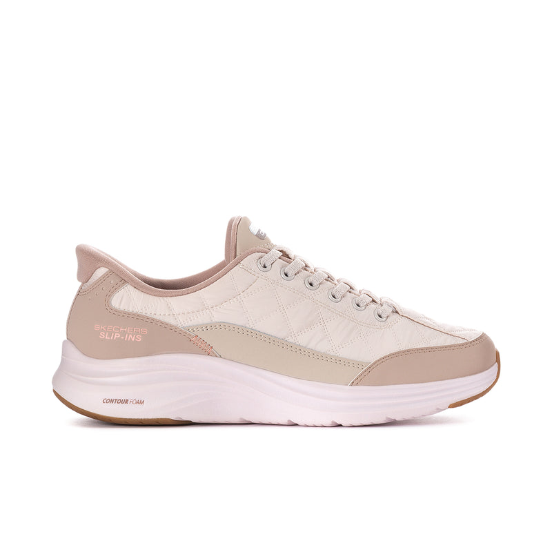 Women's lace-up sneakers in natural with taupe accents and thick white foam sole