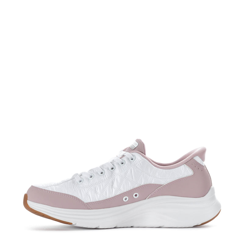Women’s lace-up sneaker in white and lavender, textured upper with thick white sole
