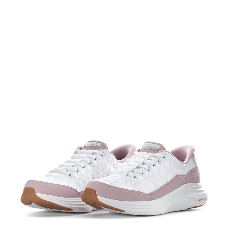 Women’s lace-up foam sneaker, angled side view in white with lavender accents