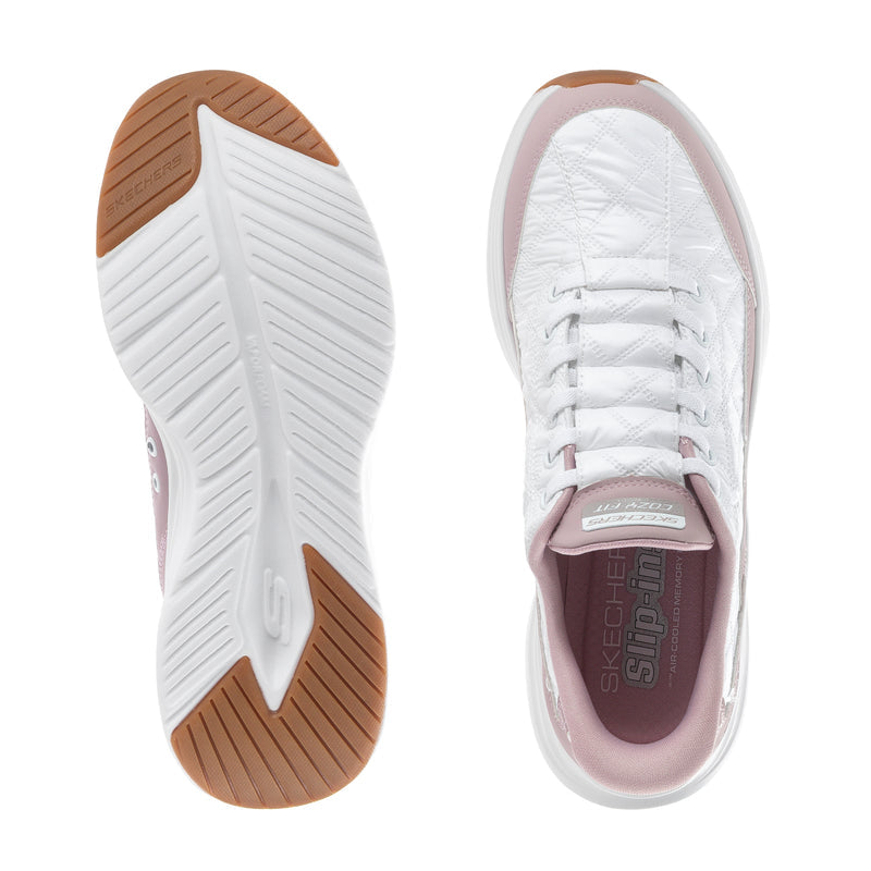 Women’s sneaker soles, white traction outsole with brown tread and lavender heel trim