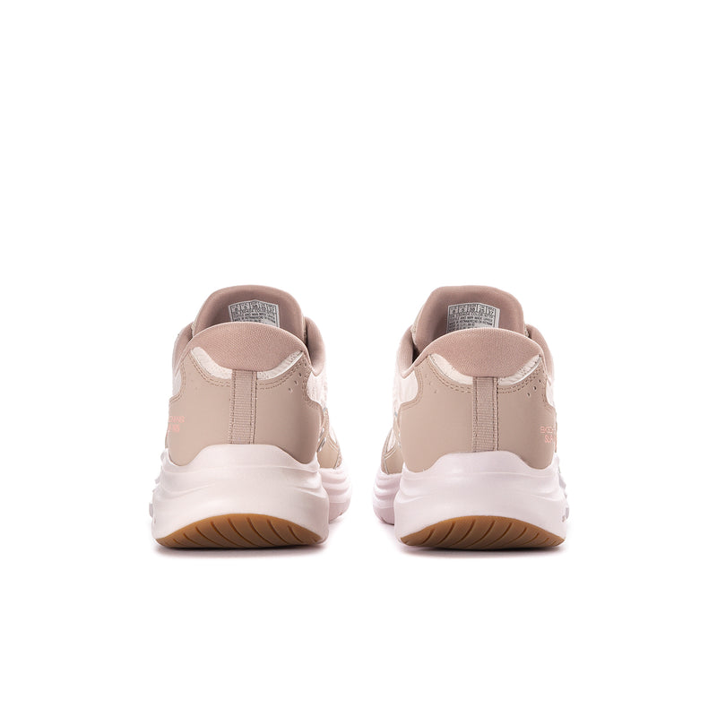Women's lace-up sneakers with taupe heel collar and natural back panel