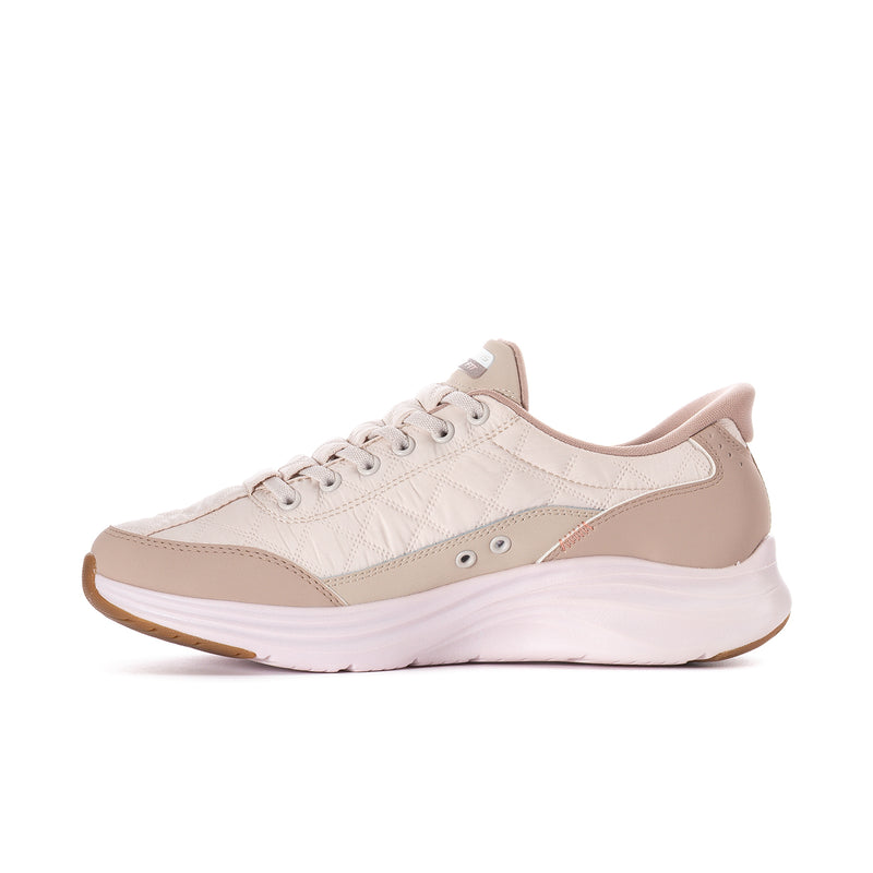 Women's lace-up sneakers in natural fabric with taupe side overlay and foam sole
