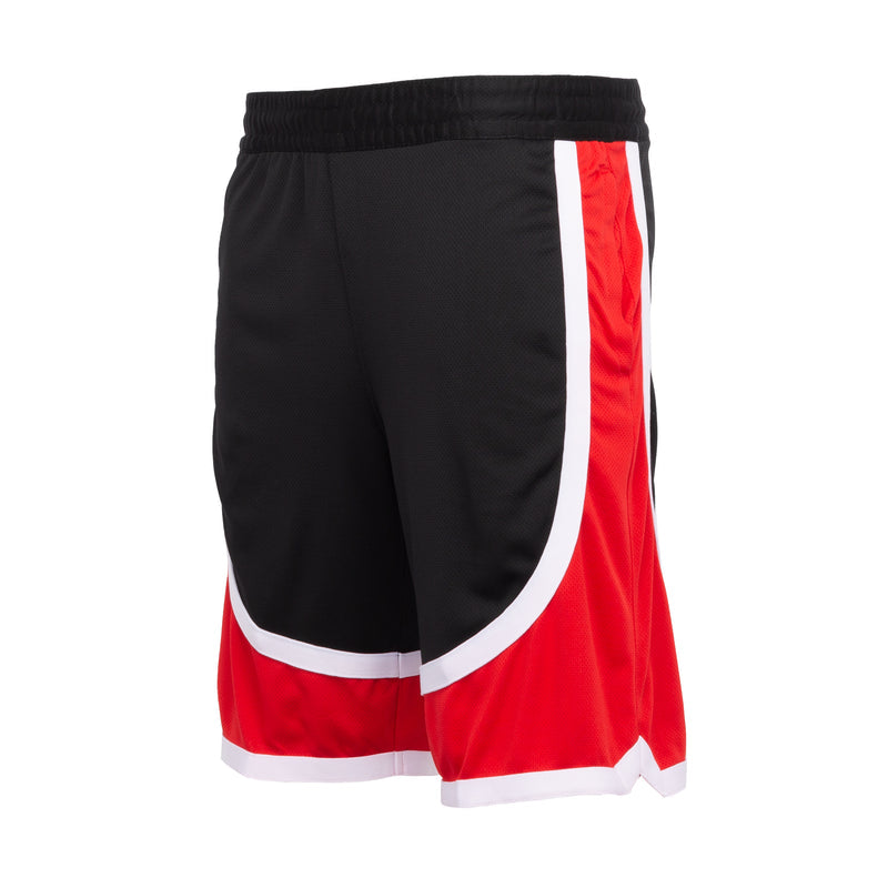 Men's contrast-tape shorts, black with red side panel and white curved contrast tape