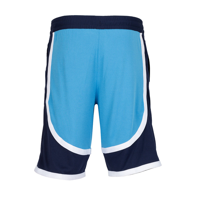 Men's contrast-trim shorts, back view with car blue body, navy side panels, white trim