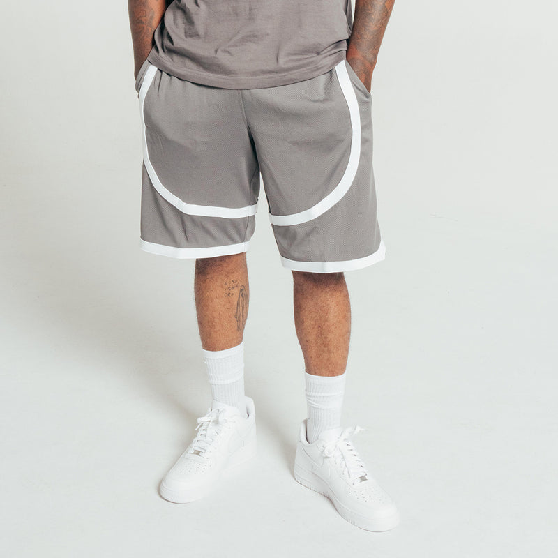Men's gray athletic shorts with white contrast tape and elastic waistband
