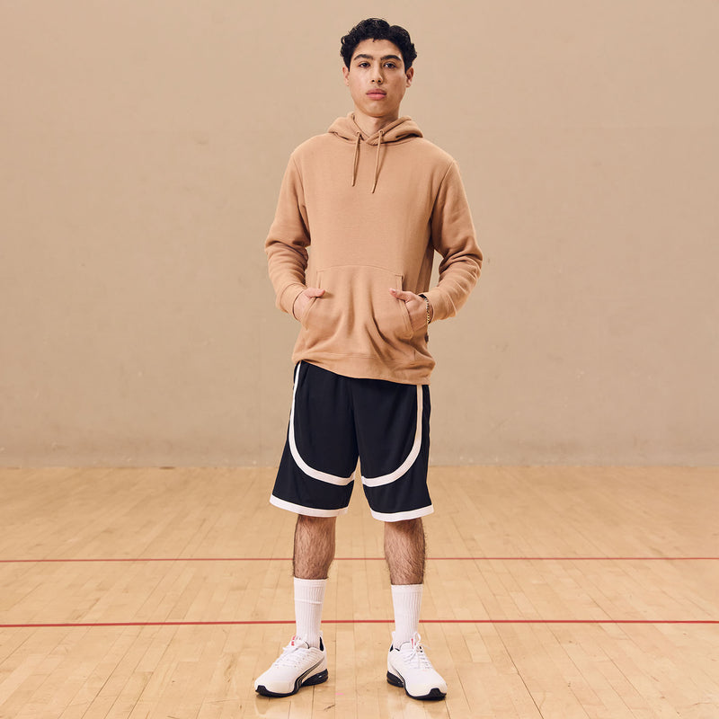 Men's contrast tape shorts, dark fabric with white tape trim on the sides and hem
