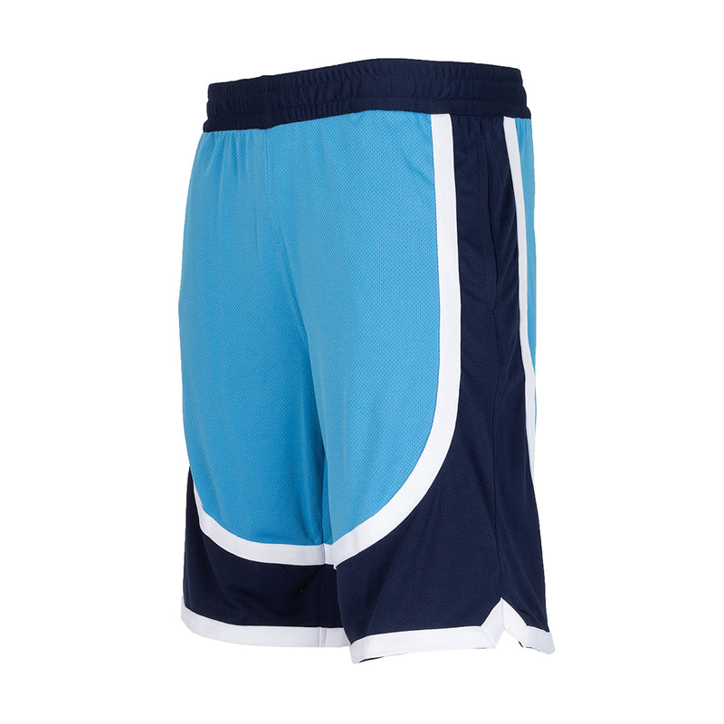 Men's contrast-trim shorts, side view with car blue upper, navy hem panels, white piping